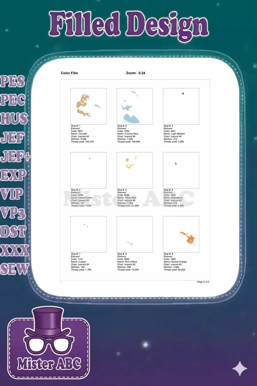 The first page of the color film, illustrating the initial nine color stops with element, code, name, and stitch counts.