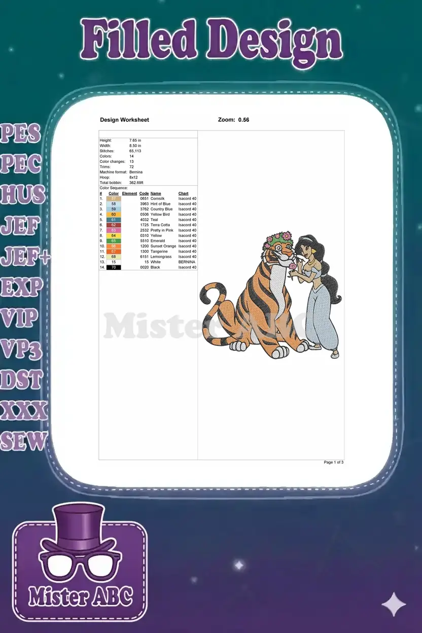 Detailed embroidery design worksheet showing dimensions, stitch count, color chart, and technical specifications.