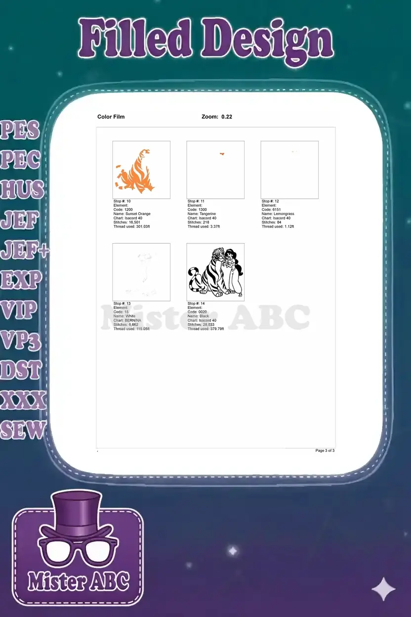 Color film page displaying the final five embroidery color stops, completing the design's intricate details.