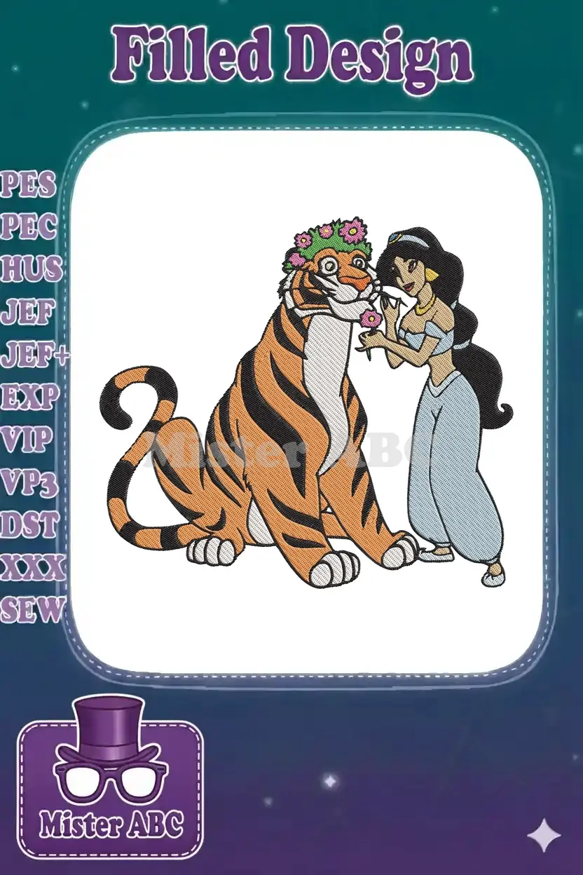 A vibrant embroidery design featuring Princess Jasmine and Rajah the tiger, wearing a beautiful flower crown.
