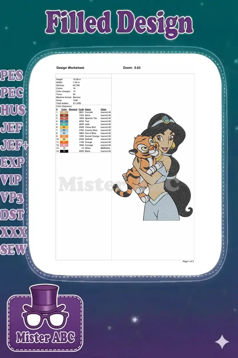 Detailed design worksheet showing technical specifications for the Jasmine and baby tiger embroidery project.