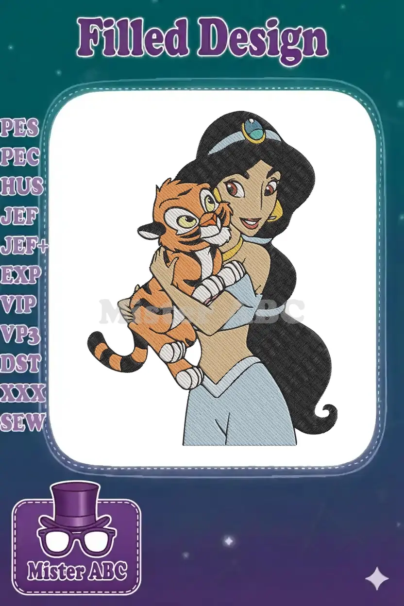 High-quality embroidery of Princess Jasmine from Aladdin, lovingly cradling an adorable baby tiger, perfect for apparel.