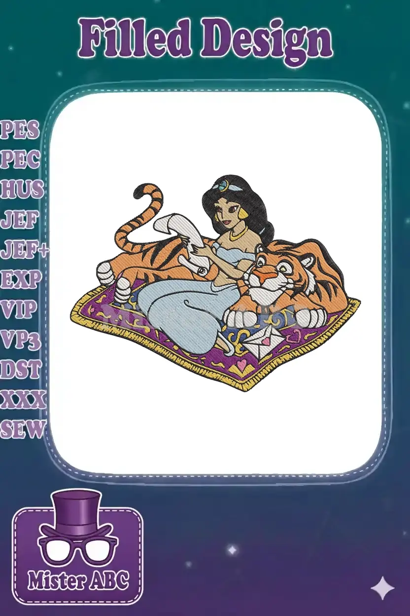 Princess Jasmine and Rajah embroidery design, showing them relaxing on a magic carpet with a scroll and letter.