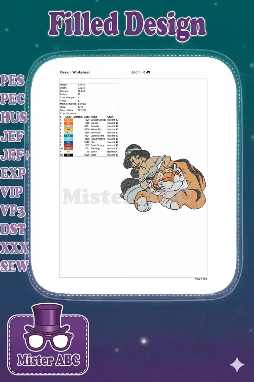 Design worksheet for the embroidery, detailing dimensions, stitch count, color sequence, and machine compatibility.