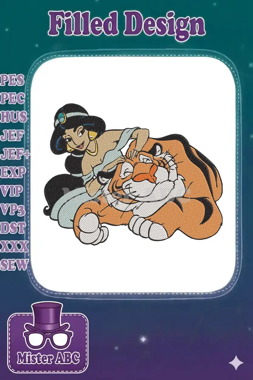Full-color embroidered design of Princess Jasmine gently petting her tiger Rajah, both smiling, on a white background.