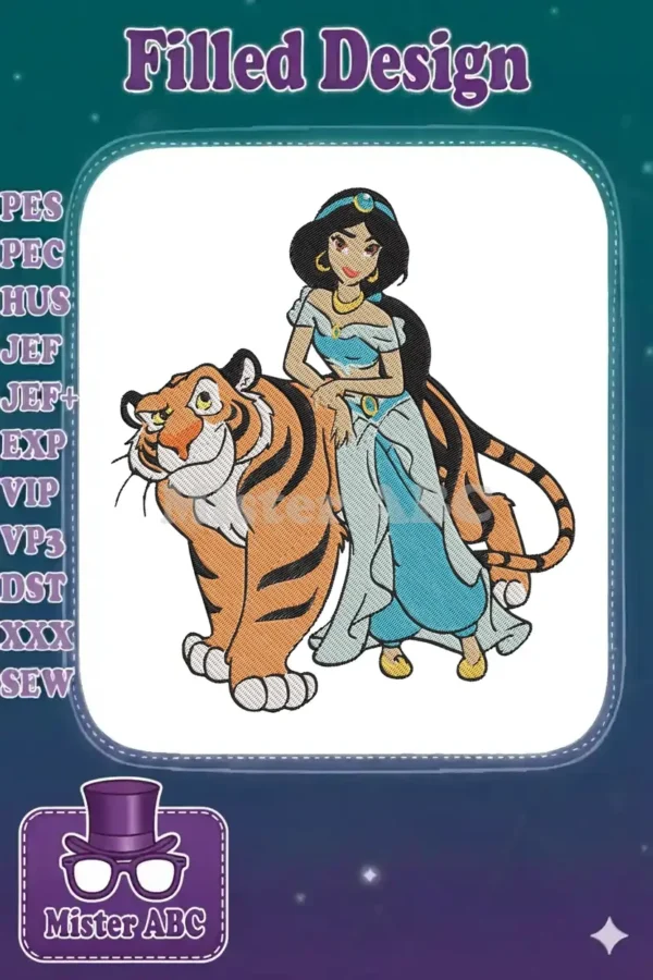 Detailed embroidery design featuring Princess Jasmine and her loyal tiger, Rajah, showcasing vibrant colors and intricate stitch work.
