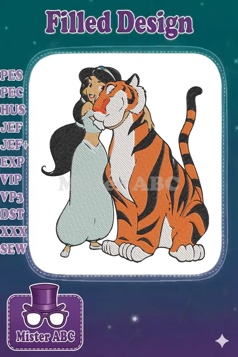 Princess Jasmine tenderly embracing her majestic tiger companion, Rajah, in a vibrant, detailed embroidery design.