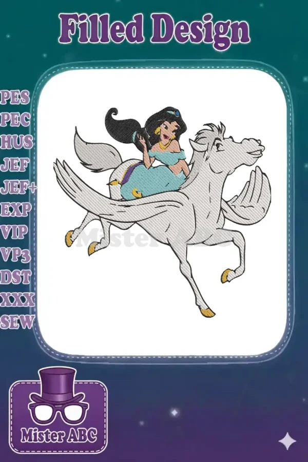 Princess Jasmine gracefully rides a majestic white Pegasus, showcasing a vibrant, detailed embroidery design of fantasy.