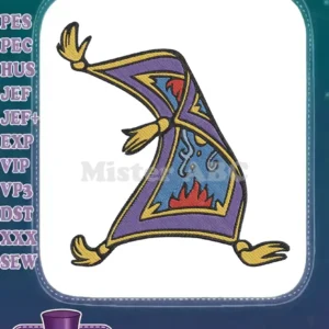 Vibrant embroidery design of Disney's Magic Carpet in a dynamic pose, featuring rich purple, blue, red, and gold.