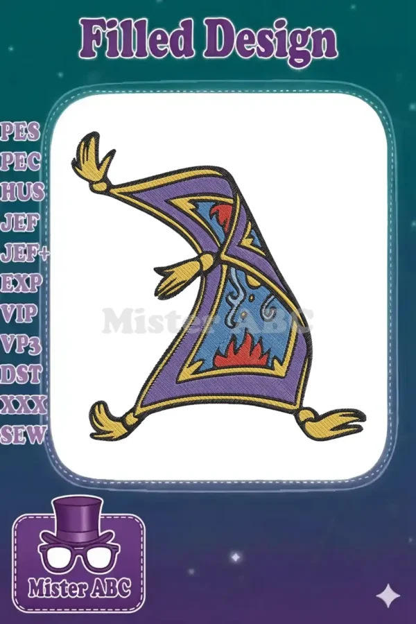 Vibrant embroidery design of Disney's Magic Carpet in a dynamic pose, featuring rich purple, blue, red, and gold.