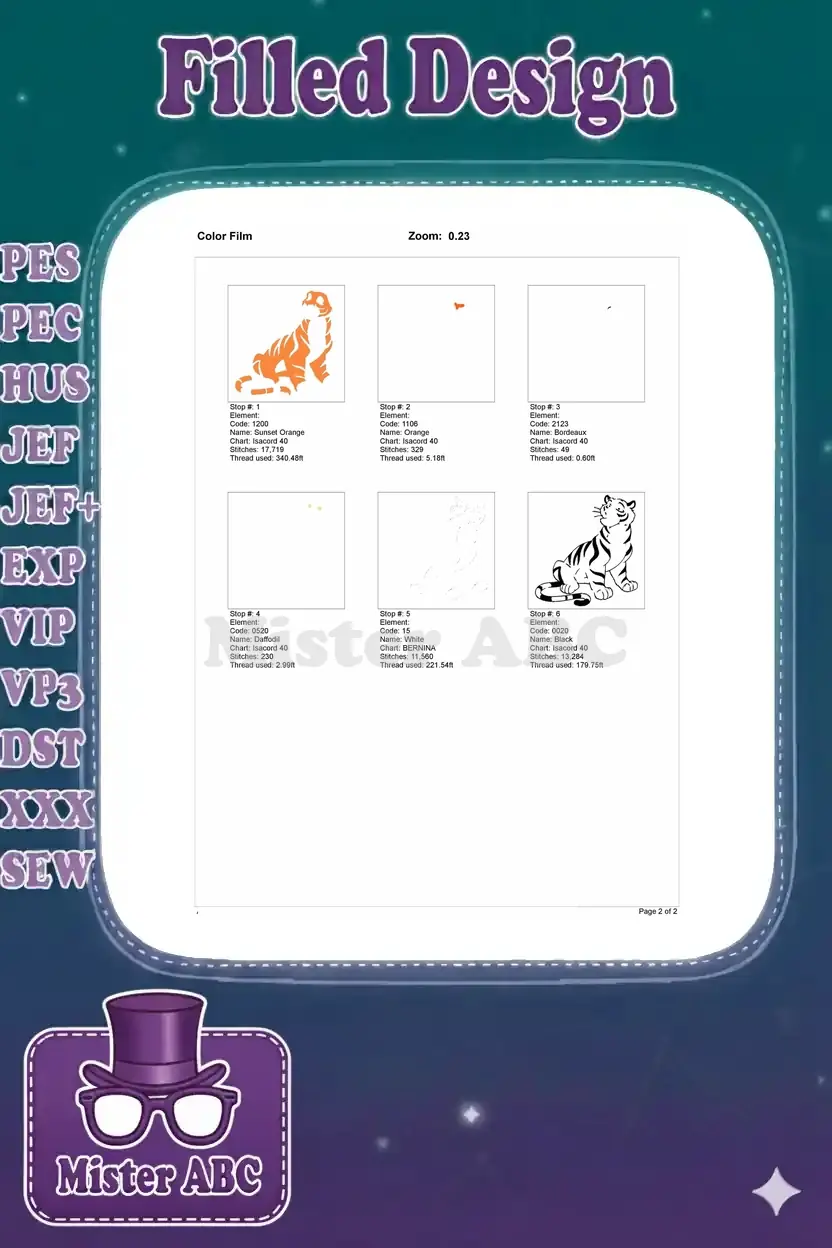 Color film sequence for the cartoon tiger embroidery, showing each color layer and stitch progress.