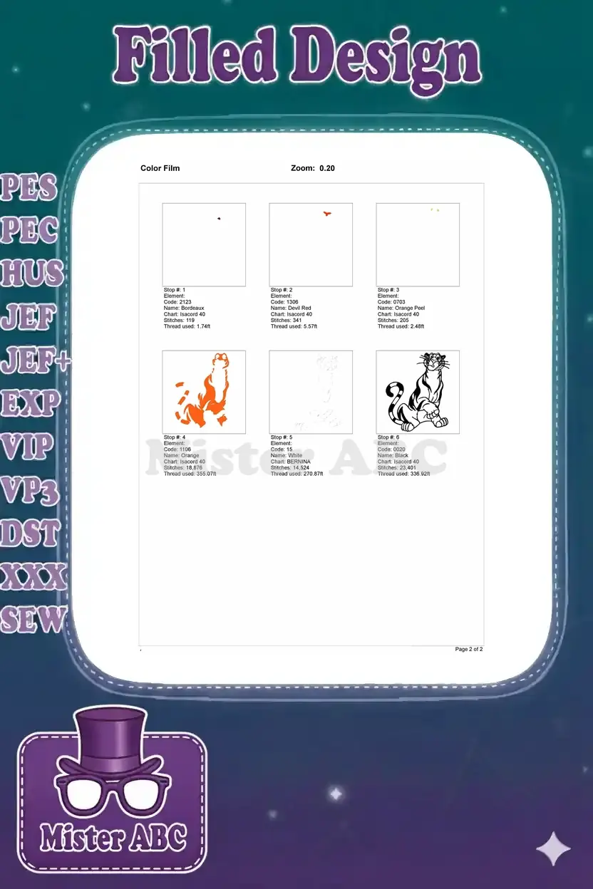 Embroidery color film showing the stitch sequence and thread usage for each color element of Shere Khan.