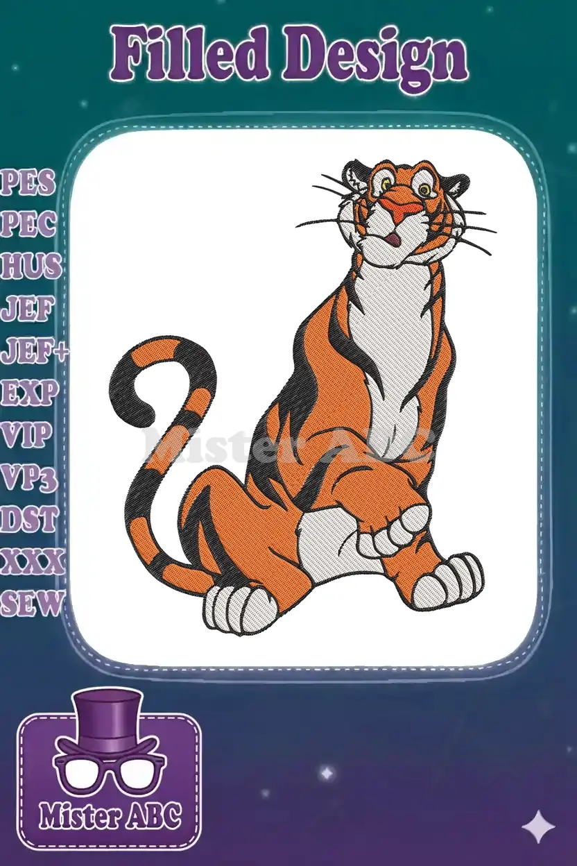 Vibrant embroidery design of Shere Khan, the majestic tiger from The Jungle Book, in a seated pose.