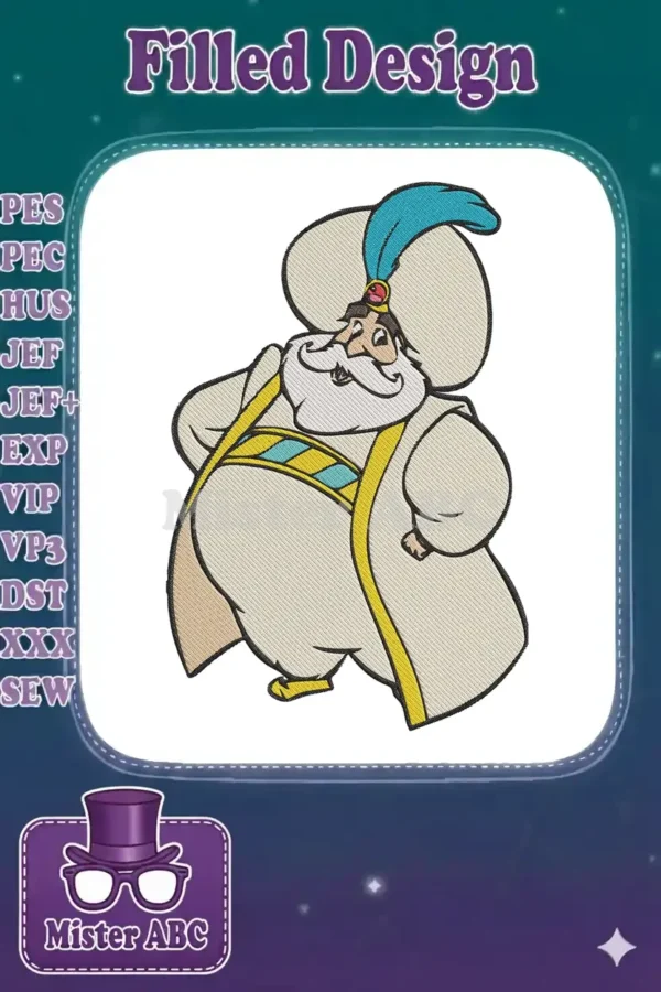A detailed embroidery design of the Sultan from Disney's Aladdin, wearing an off-white robe and turquoise turban.