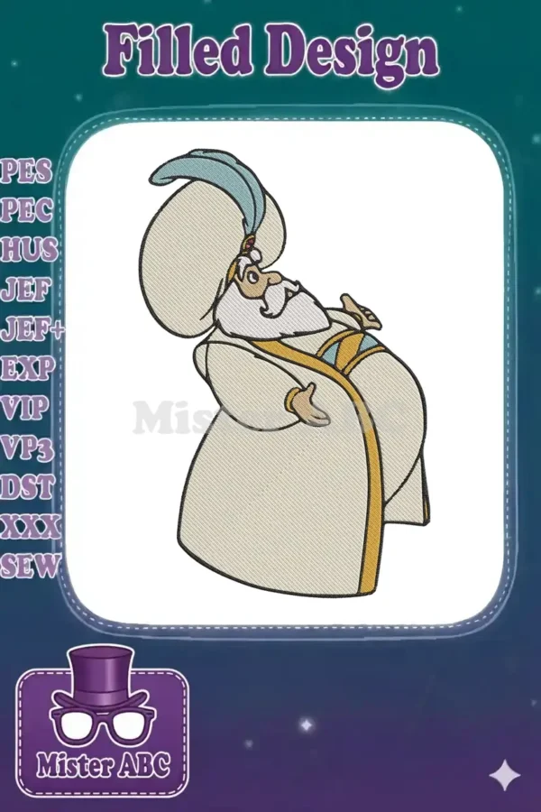 A detailed machine embroidery design of the Sultan from Disney's Aladdin, featuring his white robes, gold sash, and blue turban, against a white background.