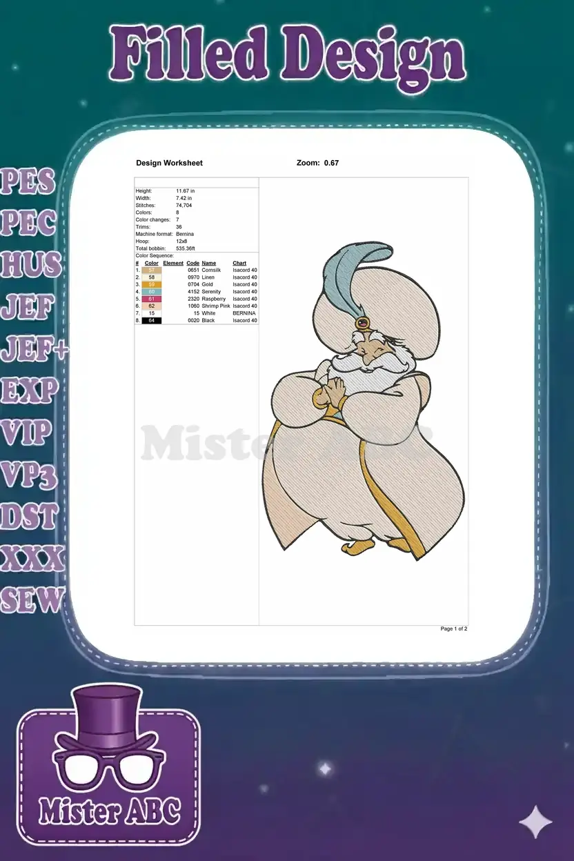 Embroidery design worksheet for the Sultan, detailing dimensions, stitch count, color sequence, and machine info.