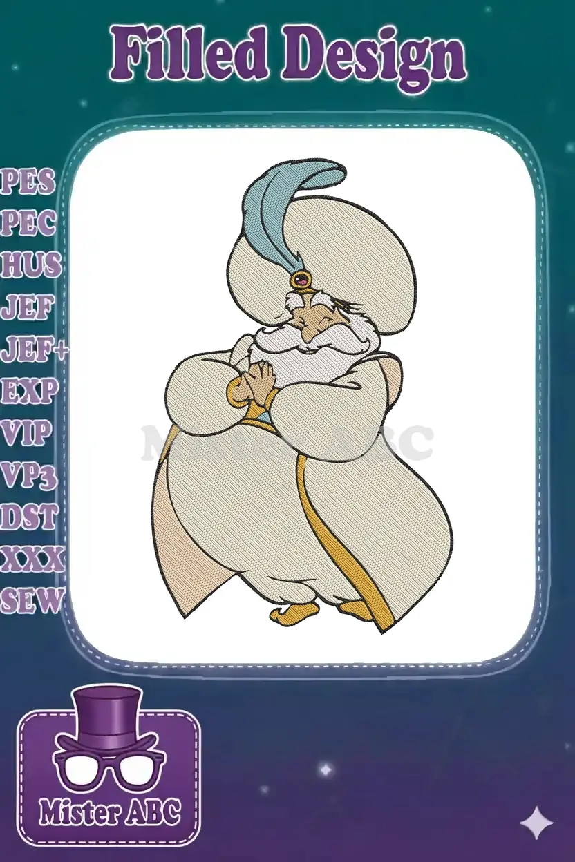 Detailed embroidery design of the Sultan from Aladdin, featuring his iconic white robes, blue turban, and gold accents.