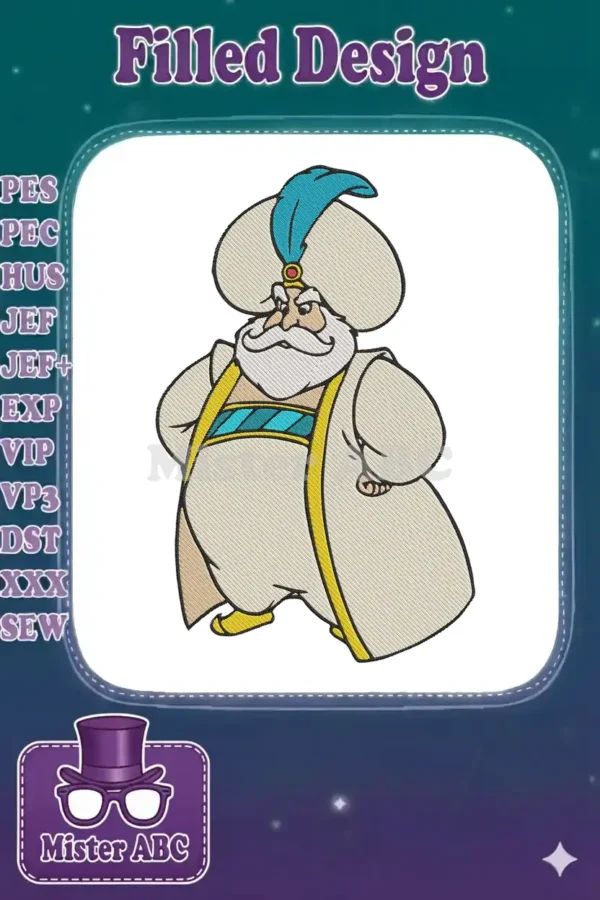 Detailed embroidery design of the Sultan from Aladdin, featuring his cream robes, blue feather turban, and regal pose.