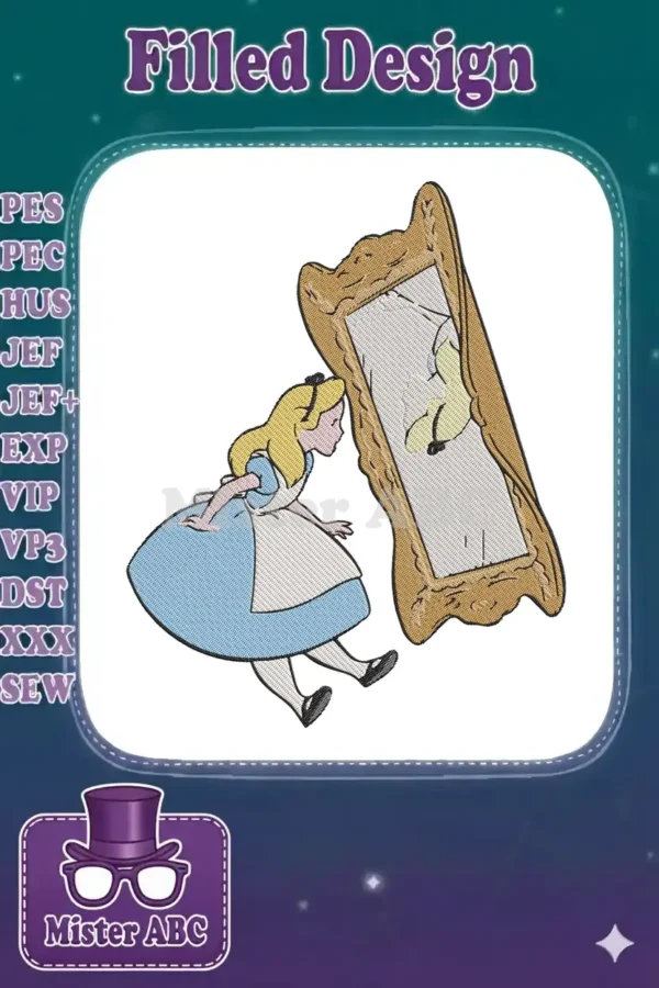 Alice in Wonderland embroidery: blonde Alice in blue dress, peering into an ornate mirror, revealing a caterpillar.