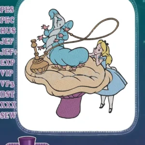 Detailed embroidery design of Alice looking at the hookah-smoking Caterpillar on a mushroom, rich with vibrant colors.