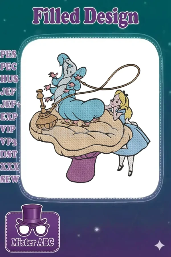 Detailed embroidery design of Alice looking at the hookah-smoking Caterpillar on a mushroom, rich with vibrant colors.