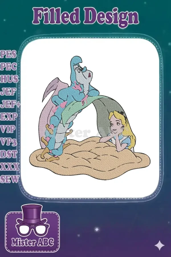 An embroidery design featuring Alice from Wonderland conversing with the Blue Caterpillar on a mushroom, in vibrant colors.