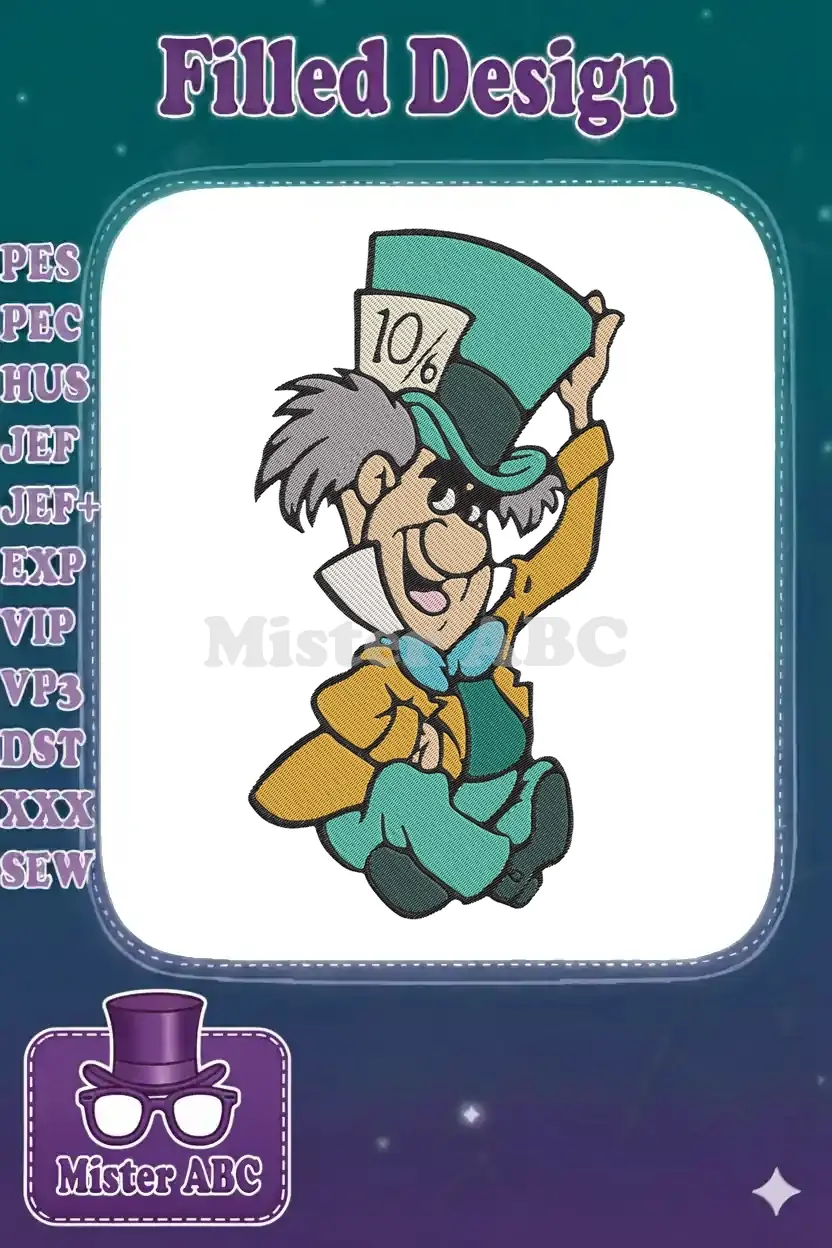 A vibrant digital embroidery design of the Mad Hatter from Alice in Wonderland, cheerfully tipping his iconic hat.