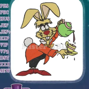 Vibrant March Hare embroidery design from Alice in Wonderland, pouring tea into a cup with a cheerful expression.