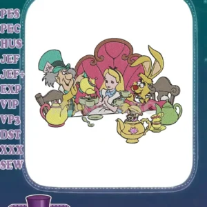Colorful embroidery of Alice in Wonderland's Mad Hatter's Tea Party with Alice, Hatter, March Hare, and Dormouse.