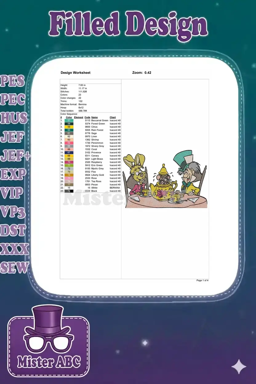 Embroidery design worksheet with dimensions, stitch count, color sequence, and small design preview.