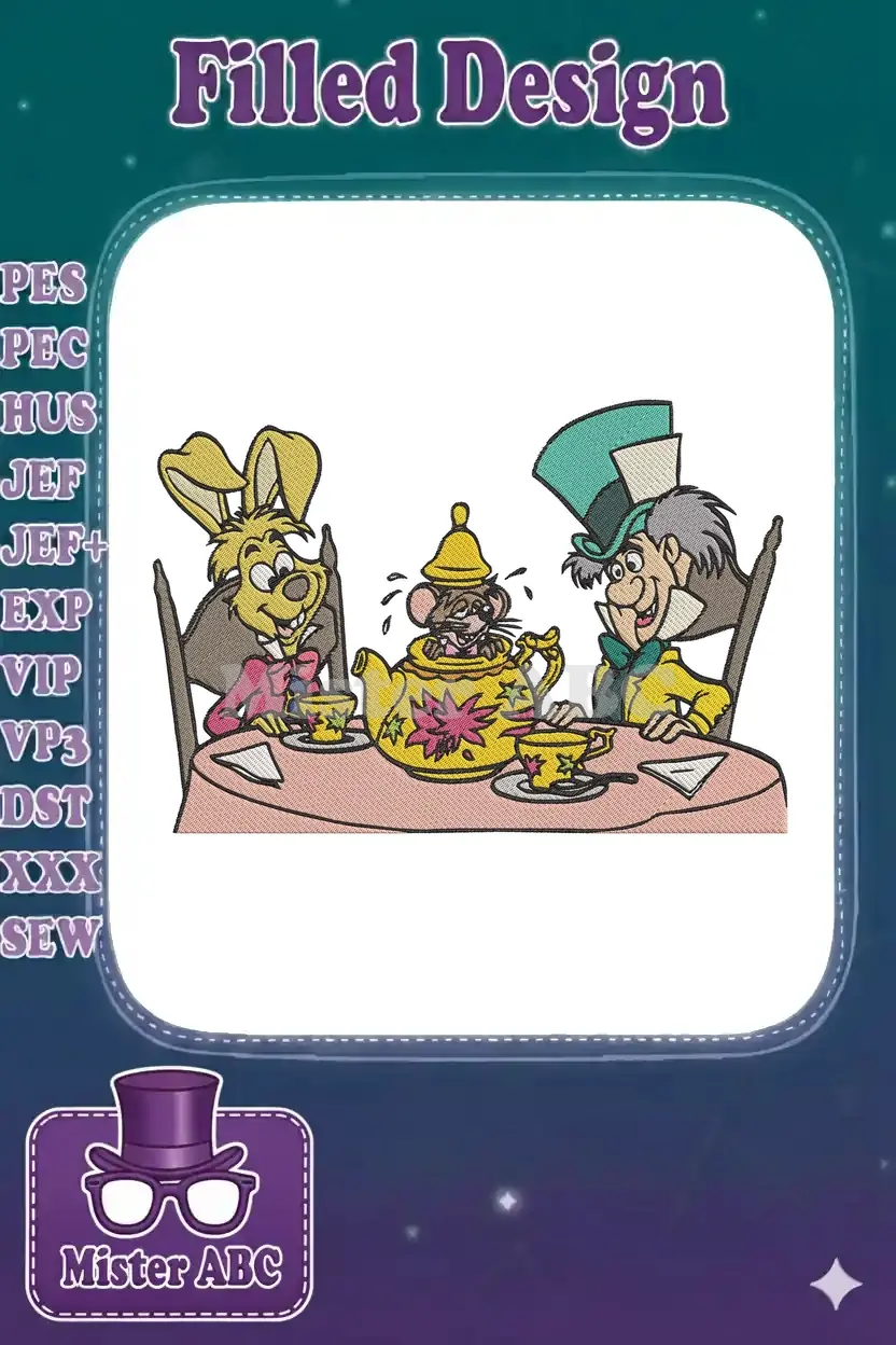 Vibrant embroidery of Mad Hatter, March Hare, and Dormouse at a tea party, full of whimsical detail.