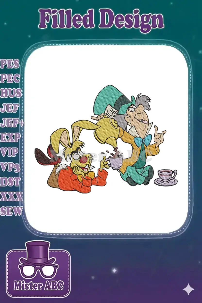 Mad Hatter pouring tea for the March Hare, a vibrant and detailed Alice in Wonderland embroidery design.