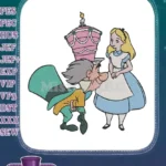 Whimsical Alice and Mad Hatter embroidery designs with birthday cake hat - Instant Download