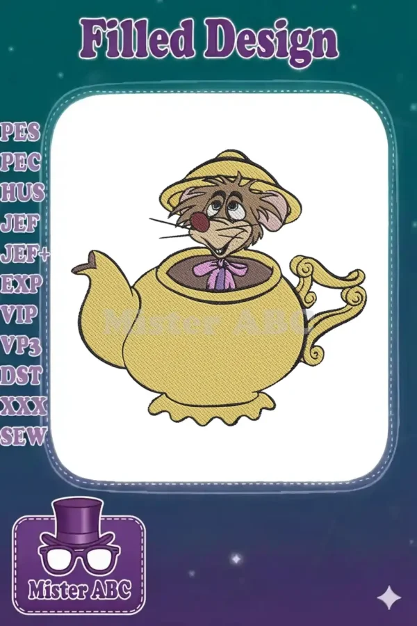 A charming embroidery design of the Dormouse from Alice in Wonderland peeking out of a yellow teapot.