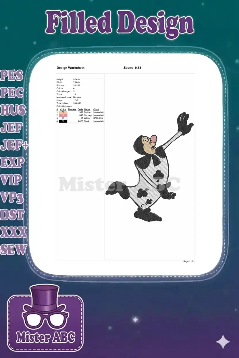 Embroidery design worksheet for the Two of Clubs soldier, detailing dimensions, stitch count, and thread colors.