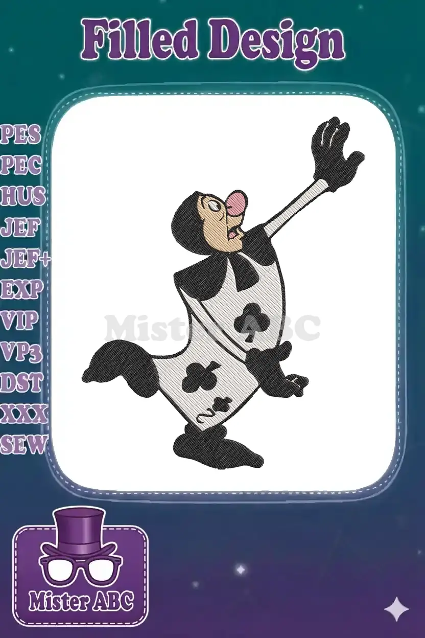 Dynamic embroidery design of the Two of Clubs card soldier from Alice in Wonderland, arm raised, looking surprised.