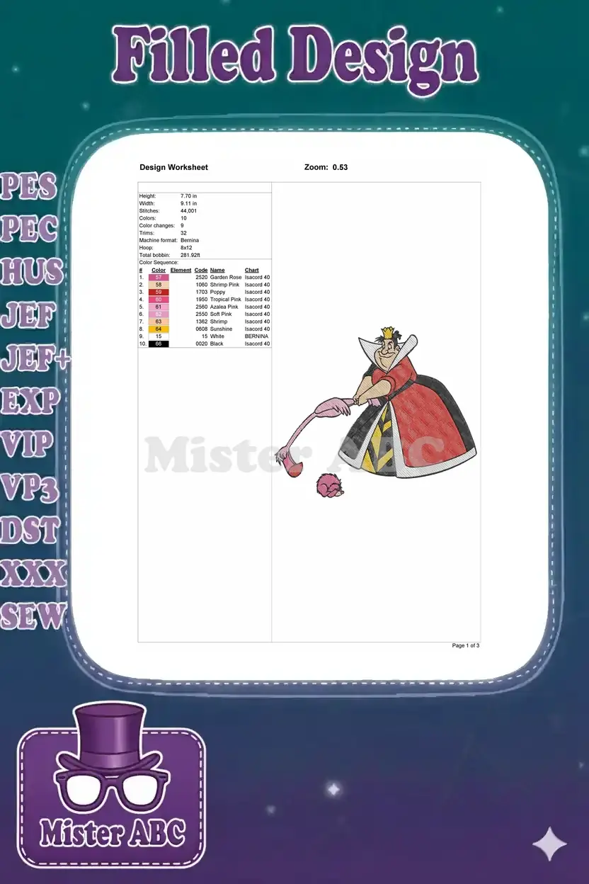 Embroidery design worksheet displaying dimensions, stitch count, color sequence, and machine compatibility details.