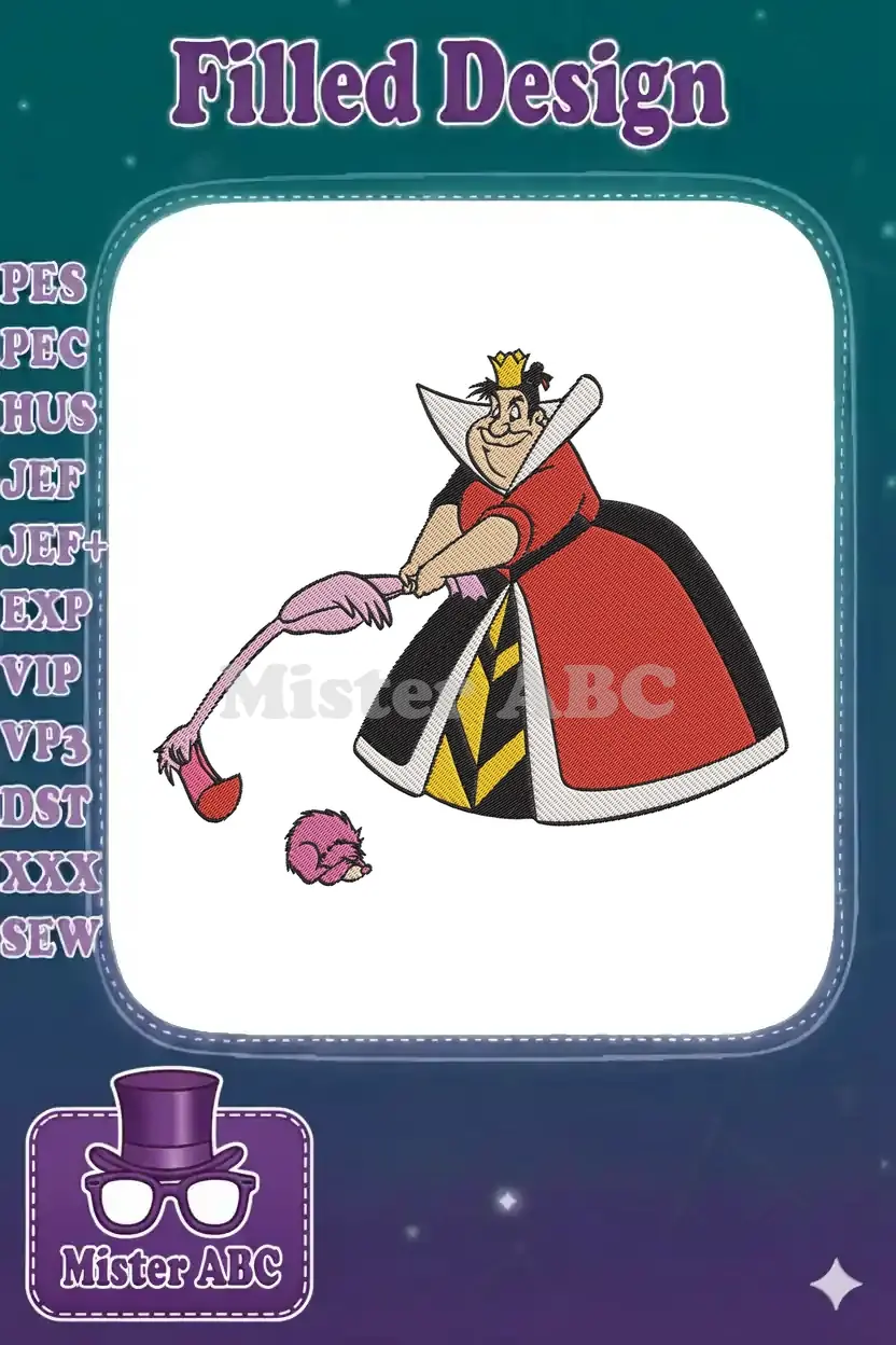 Vibrant embroidery design of the Queen of Hearts from Alice in Wonderland, playing croquet with a flamingo and hedgehog.