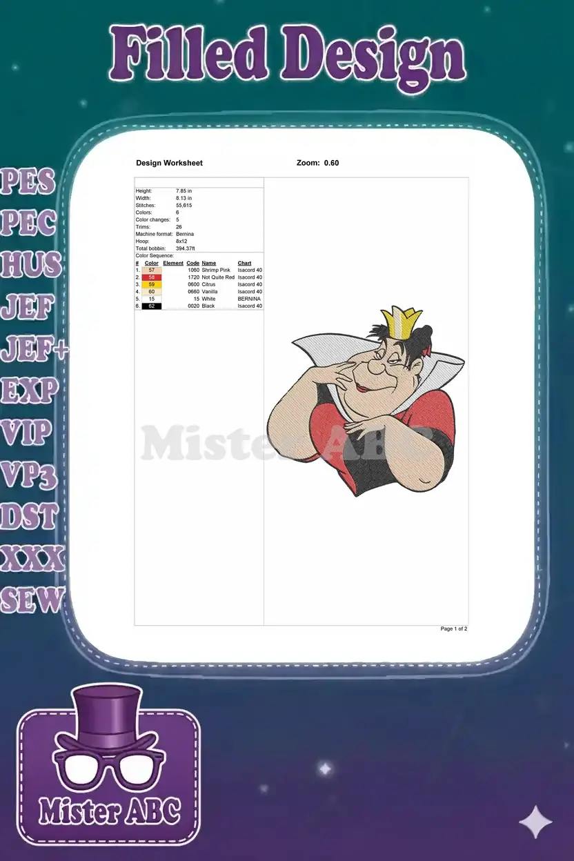 An embroidery design worksheet detailing stitch count, colors, dimensions, machine format, and thread sequence.