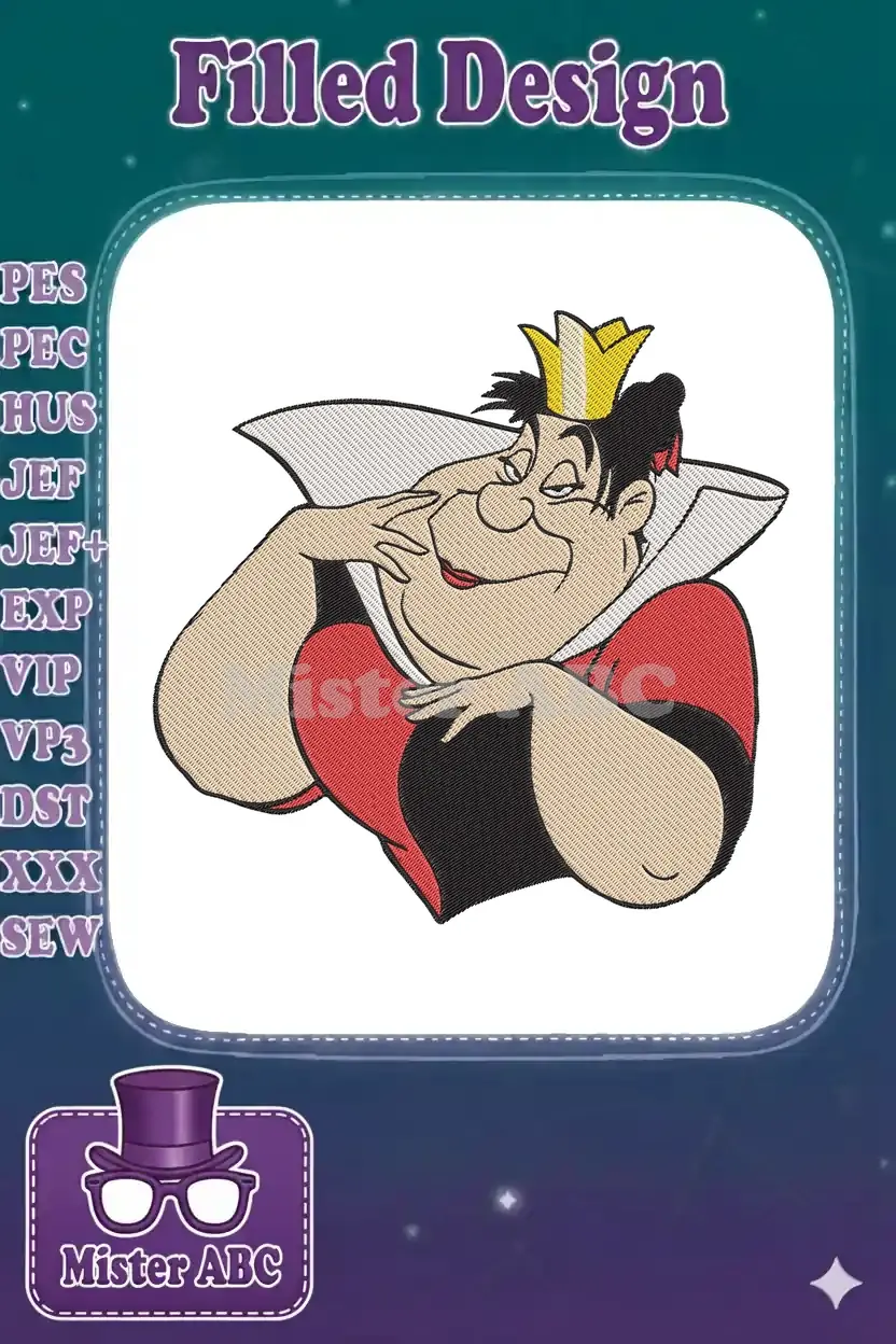 A vibrant embroidery design of the Queen of Hearts, featuring her iconic crown, red dress, and expressive face.