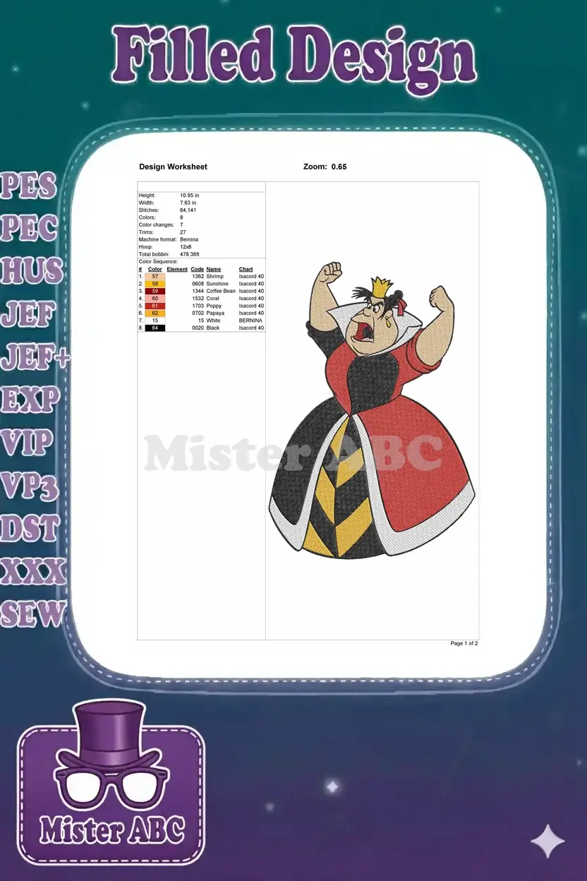 A design worksheet showing embroidery specifications: height, width, stitches, colors, machine format, and color sequence.
