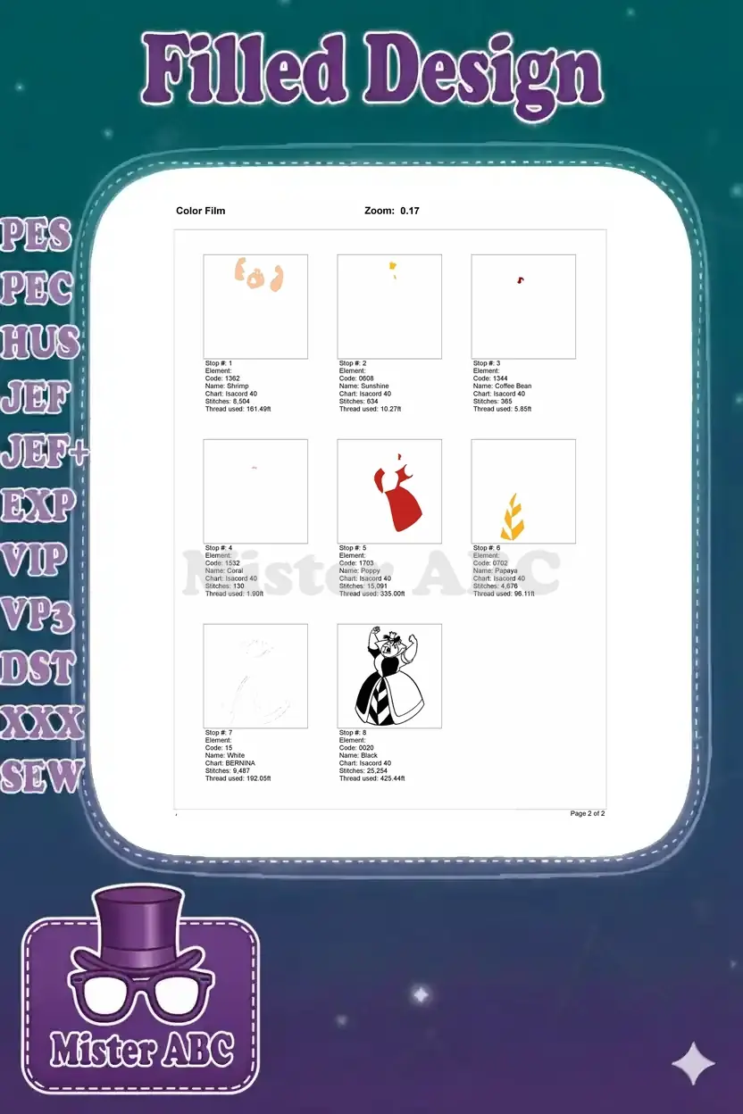 A color film chart detailing each embroidery stitch stop, thread color, name, stitches, and thread usage in order.