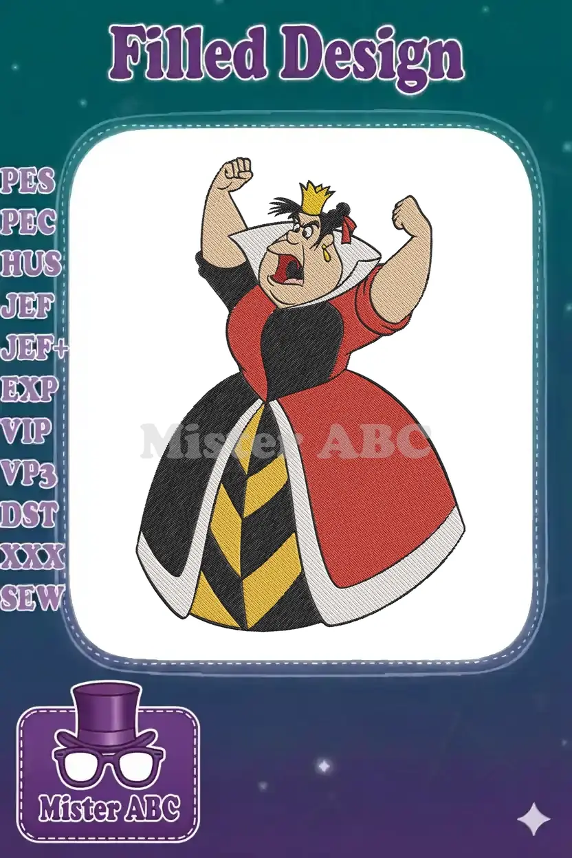 An embroidered design of the Queen of Hearts in a furious pose, arms raised, with a crown and red-black dress.