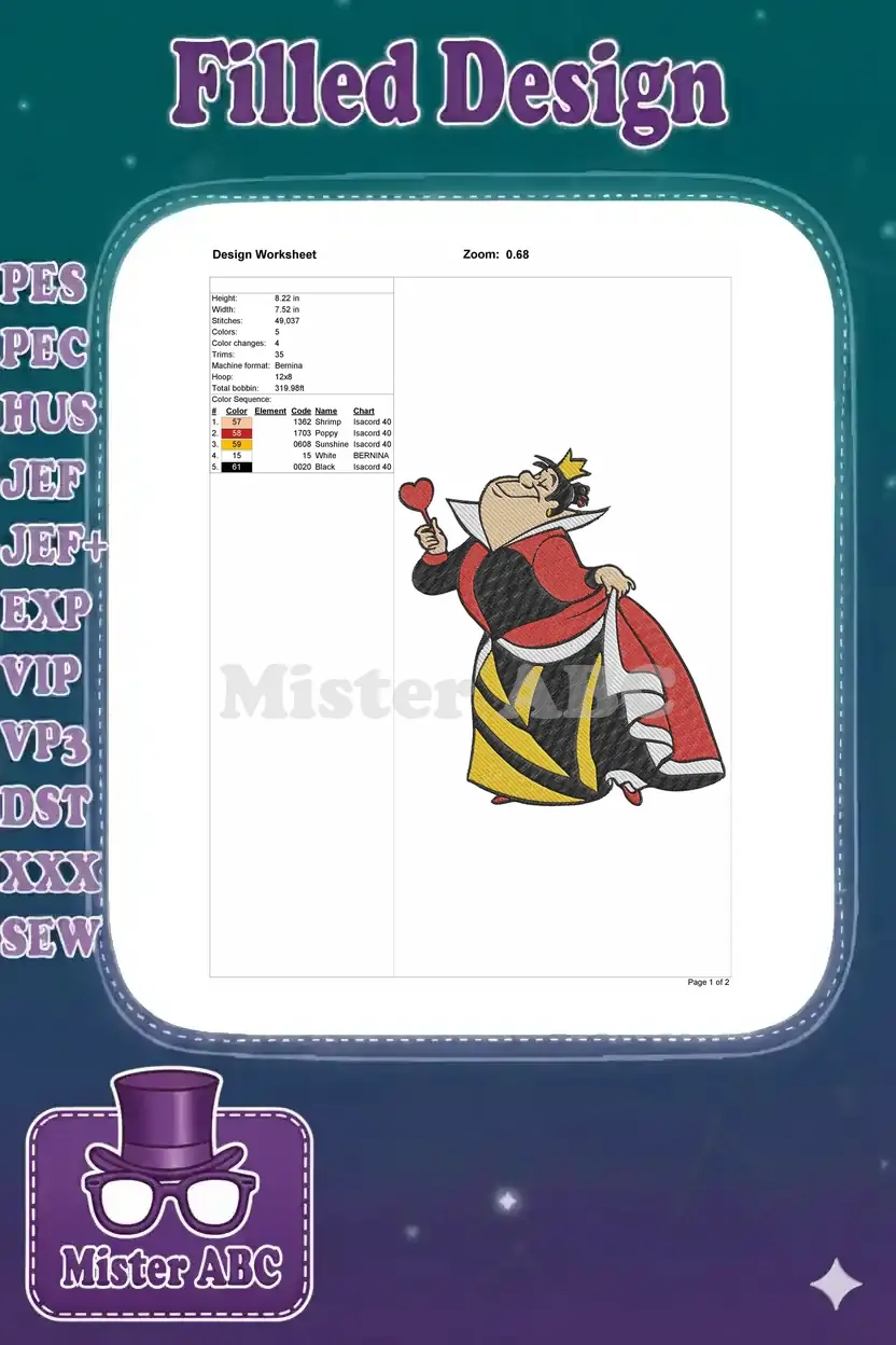 Embroidery design worksheet for the Queen of Hearts, showing dimensions, stitch count, and color sequence.