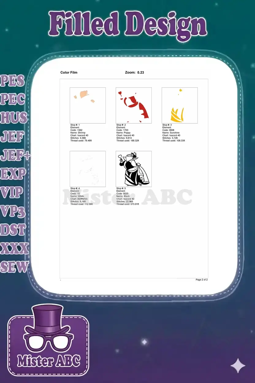 Color film breakdown for the Queen of Hearts embroidery, illustrating the stitch order for each color.