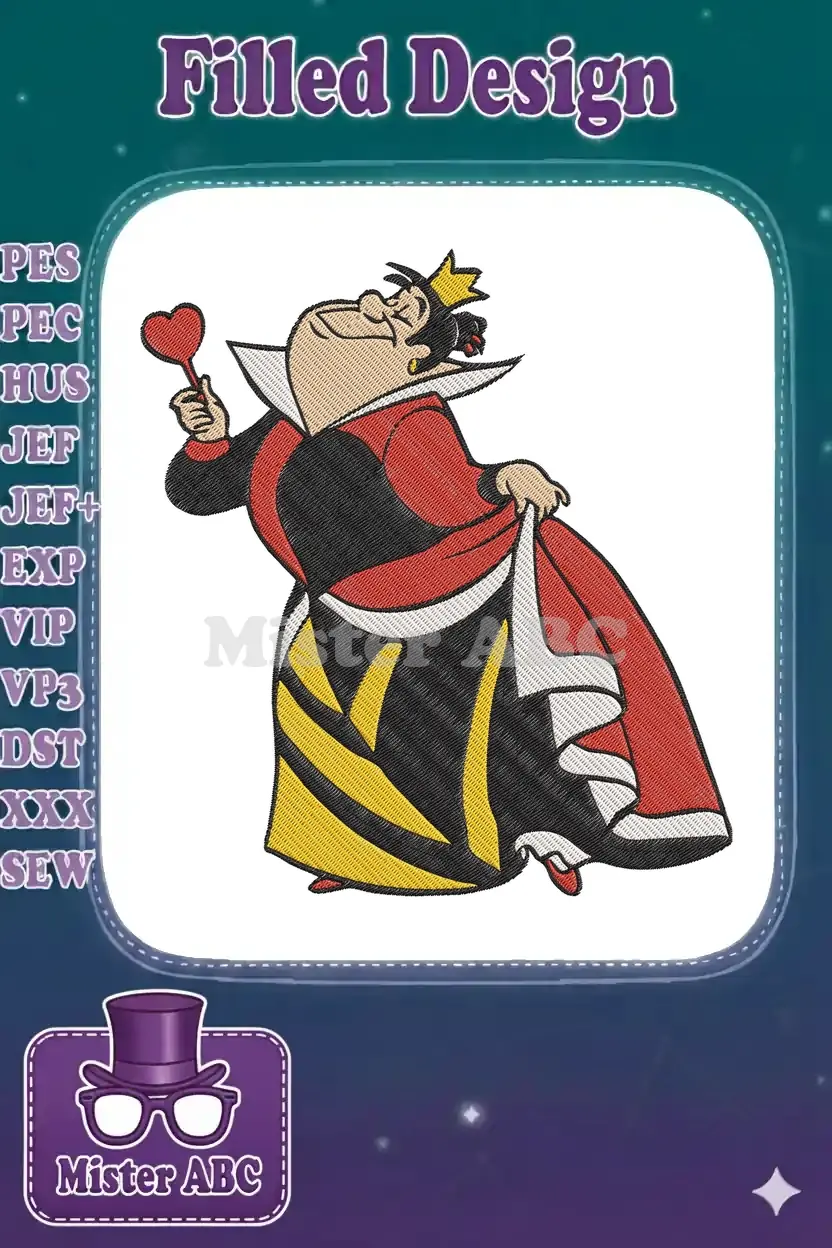 Vibrant embroidery design of the Queen of Hearts from Alice in Wonderland, holding a heart scepter.
