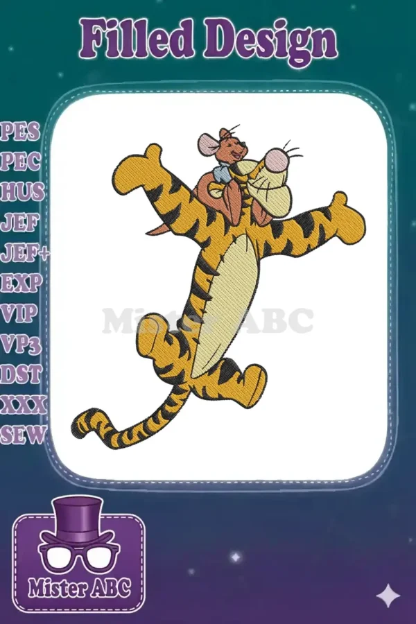 A cheerful Tigger bouncing excitedly with a small Roo riding on his back, a vibrant machine embroidery design.