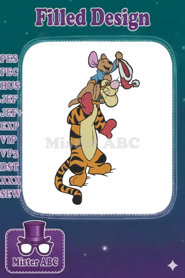 Vibrant embroidery of Tigger carrying Roo and a purple Heffalump (Lumpy) on his shoulders, showcasing playful friendship.