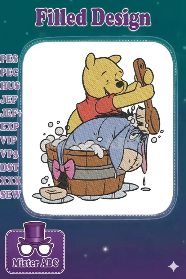 Winnie the Pooh playfully bathing a grumpy Eeyore in a wooden tub filled with bubbles, a charming and detailed embroidery.
