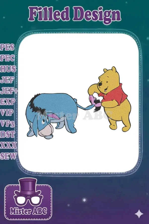 Winnie the Pooh helping Eeyore by reattaching his tail, a classic Disney friendship embroidery scene.